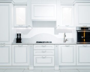 Luxury kitchen interior in white and blue tones